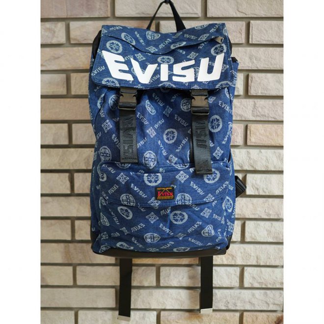 EVISU Kamon and Logo Jacquard Denim Backpack