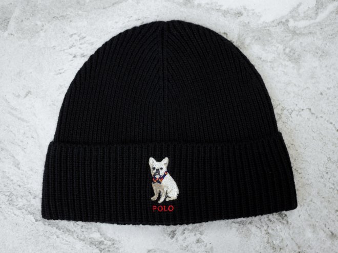 POLO RALPH LAUREN FRENCH BULLDOG EMBROIDERED KNIT BEANIE