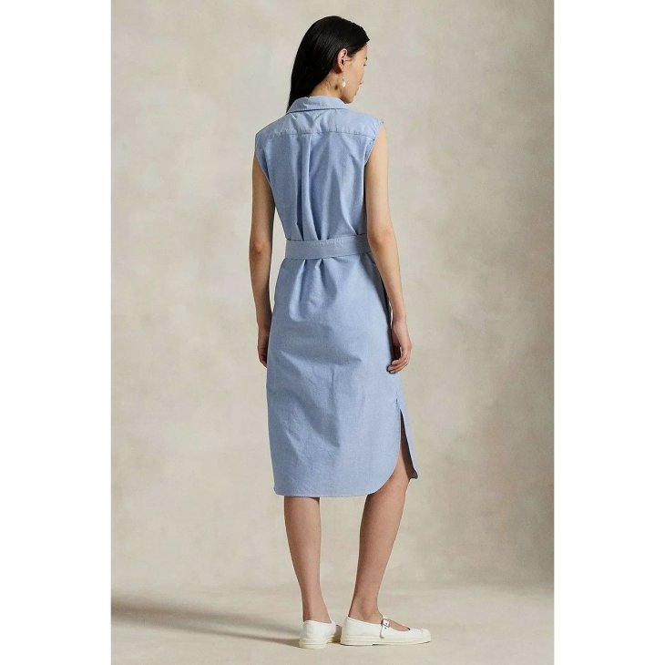POLO RALPH LAUREN BELTED OXFORD SLEEVELESS SHIRTDRESS