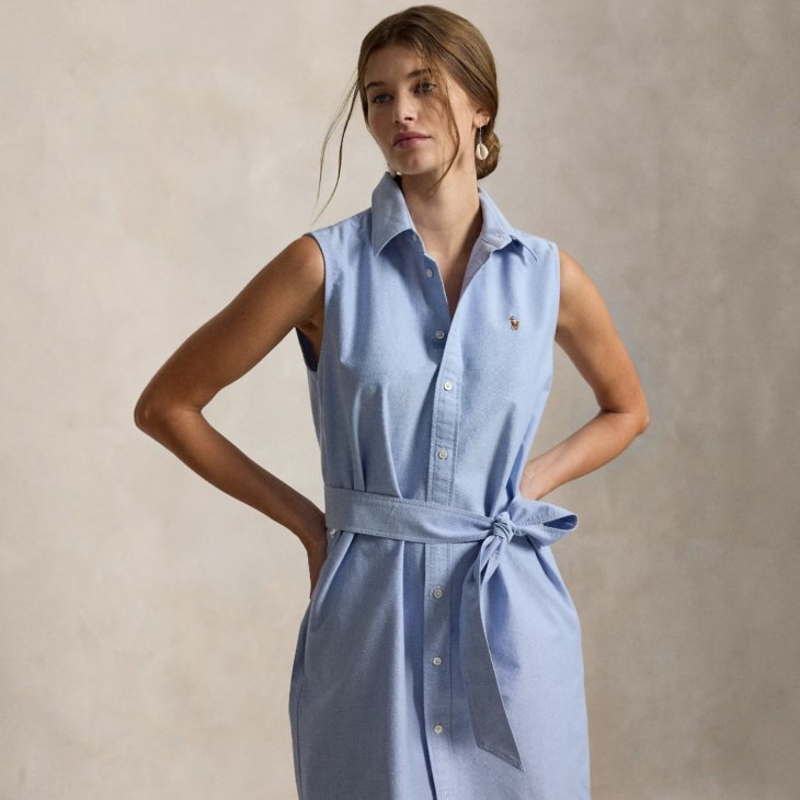 POLO RALPH LAUREN BELTED OXFORD SLEEVELESS SHIRTDRESS