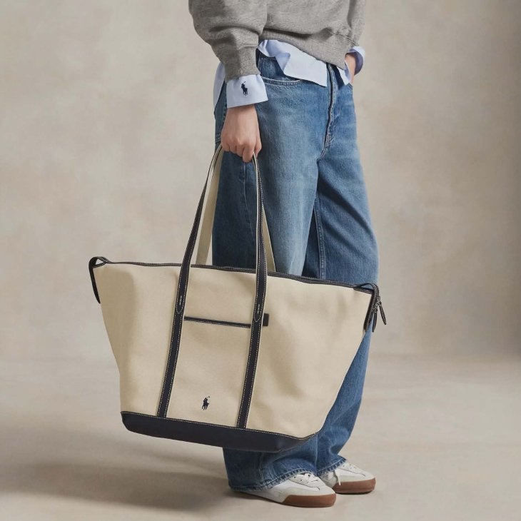 POLO RALPH LAUREN LEATHER-TRIM CANVAS LARGE SHOPPER TOTE