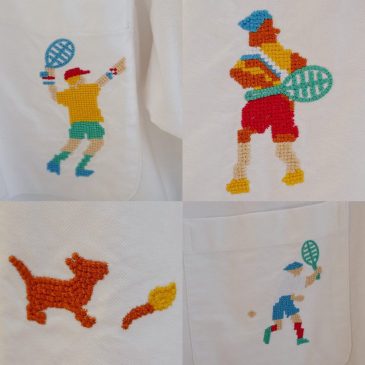 CUBAN SHIRT WITH FLAT FRONT IN SOLID OXFORD WITH SEED BEAD TENNIS PLAYER EMBROIDERY