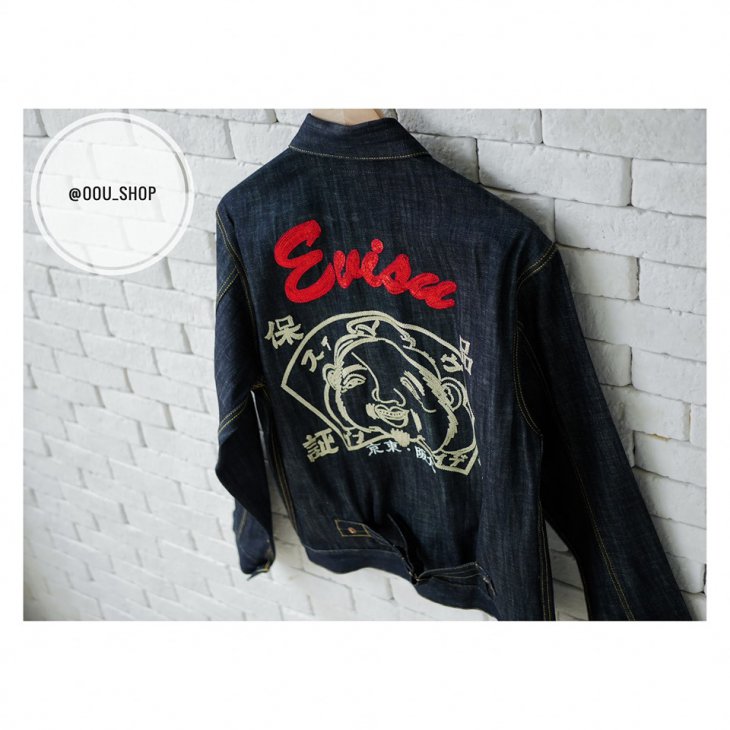 EVISU DENIM JACKET WITH HANDPAINTED SEAGULL AND SEQUIN GODHEAD