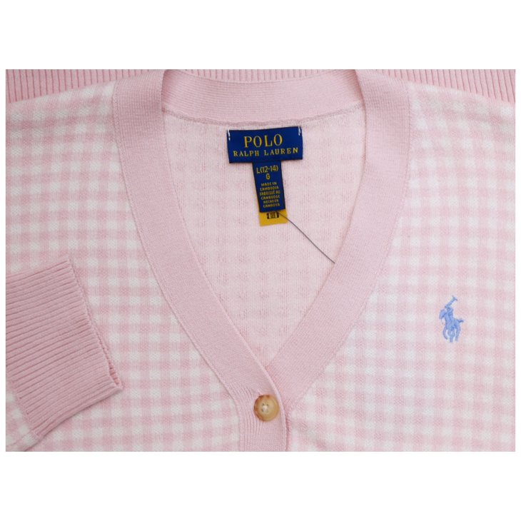 POLO RALPH LAUREN GIRLS GINGHAM COTTON V-NECK CARDIGAN