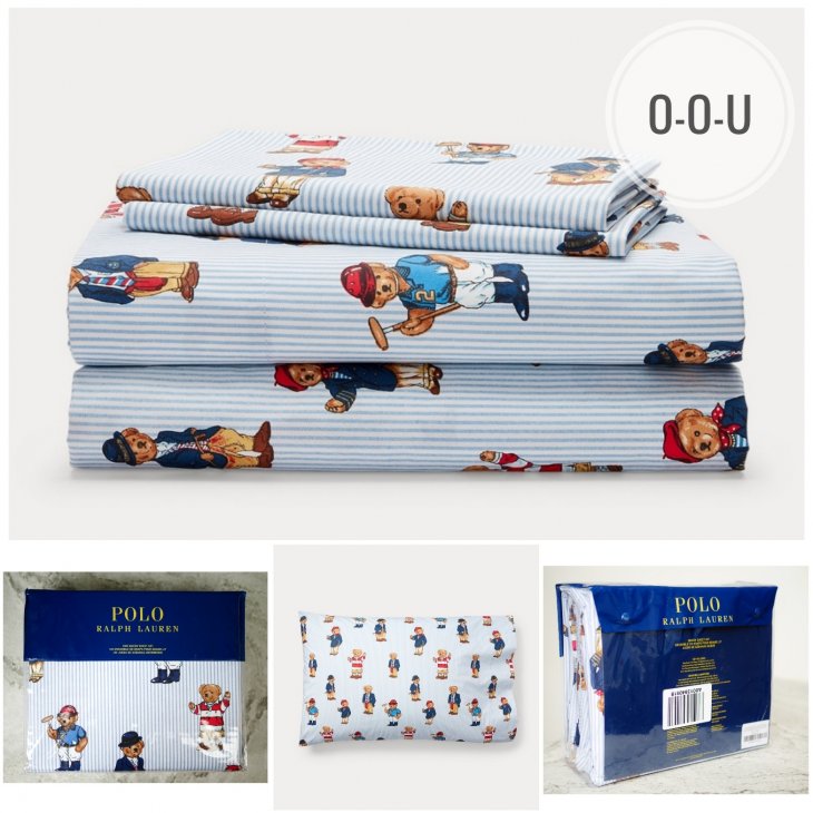 POLO RALPH LAUREN TEDDY BEAR STRIPE QUEEN SHEET SET