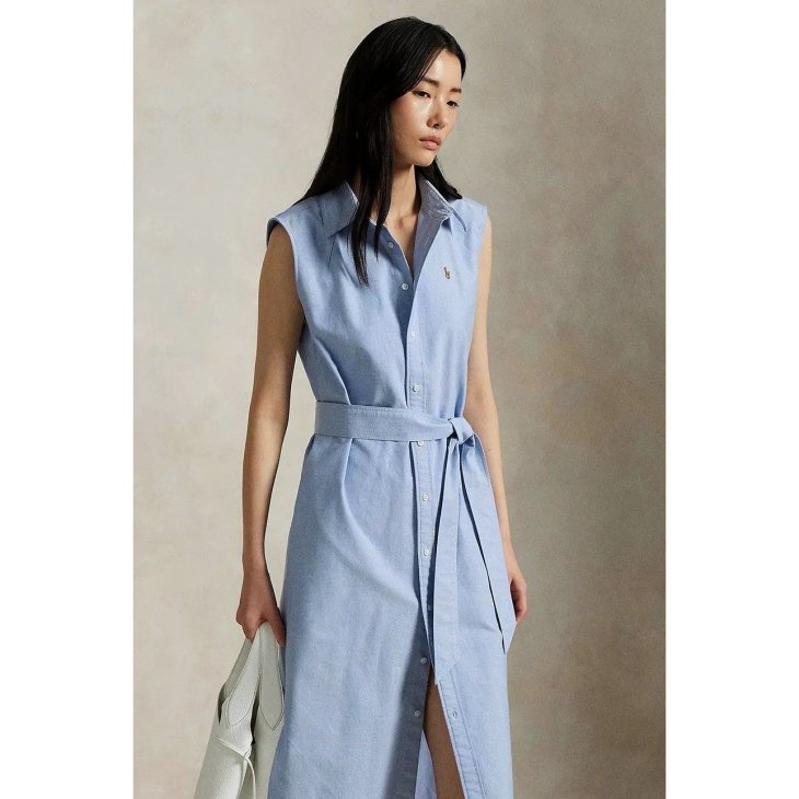 POLO RALPH LAUREN BELTED OXFORD SLEEVELESS SHIRTDRESS