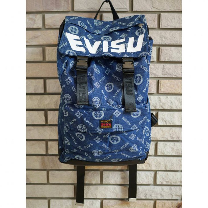 EVISU Kamon and Logo Jacquard Denim Backpack