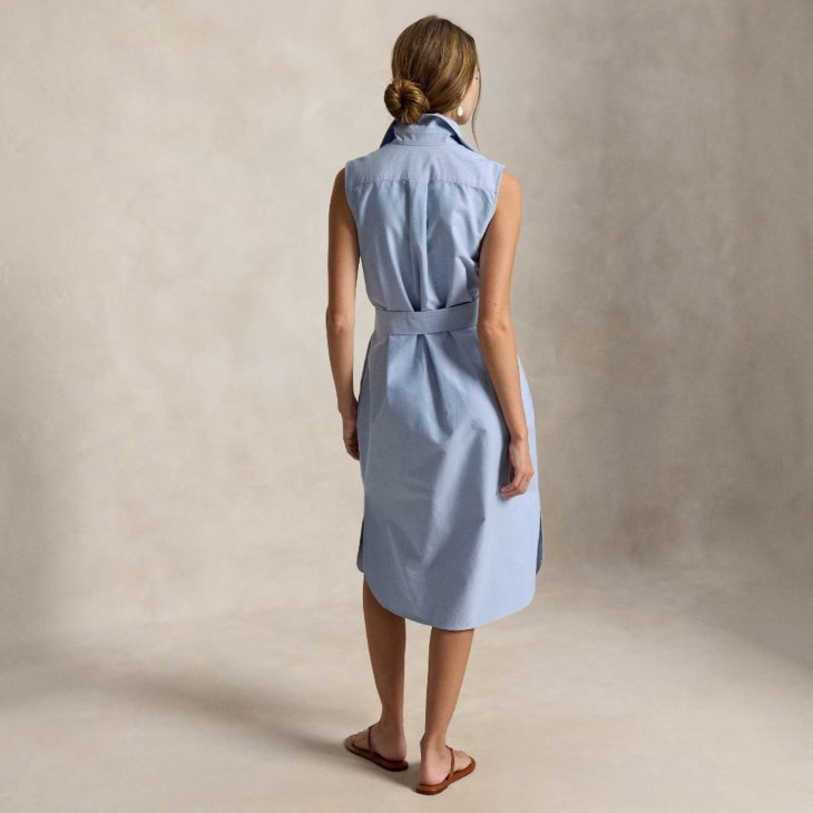 POLO RALPH LAUREN BELTED OXFORD SLEEVELESS SHIRTDRESS