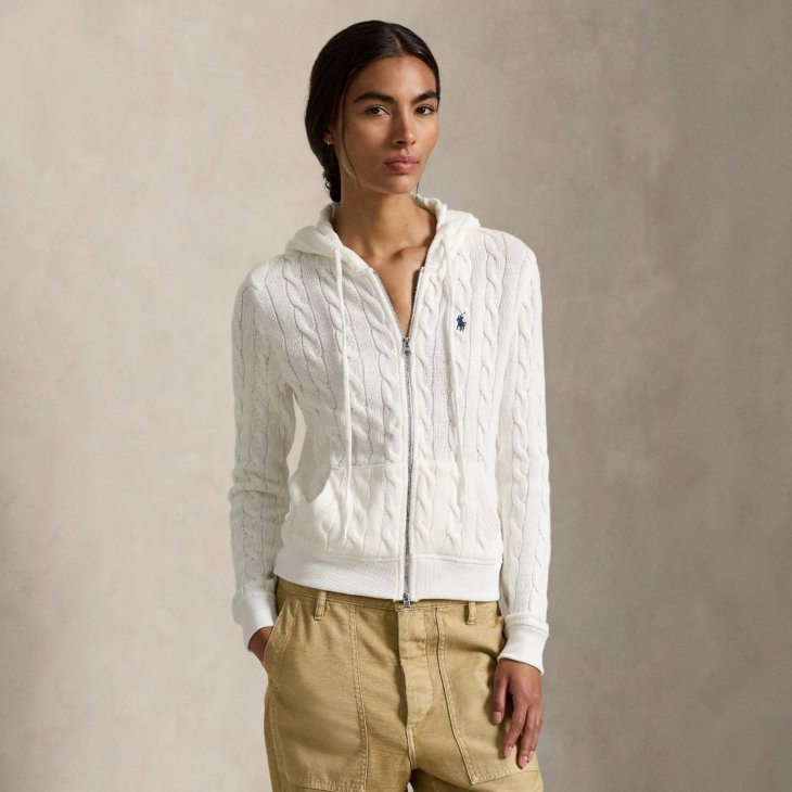 POLO RALPH LAUREN WOMEN CABLE-KNIT COTTON FULL ZIP HOODIE