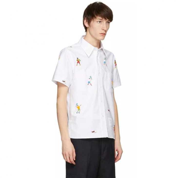 CUBAN SHIRT WITH FLAT FRONT IN SOLID OXFORD WITH SEED BEAD TENNIS PLAYER EMBROIDERY