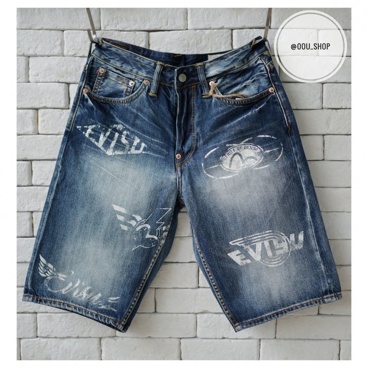 EVISU DENIM SHORTS WITH SEAGULL AND LOGO PRINT