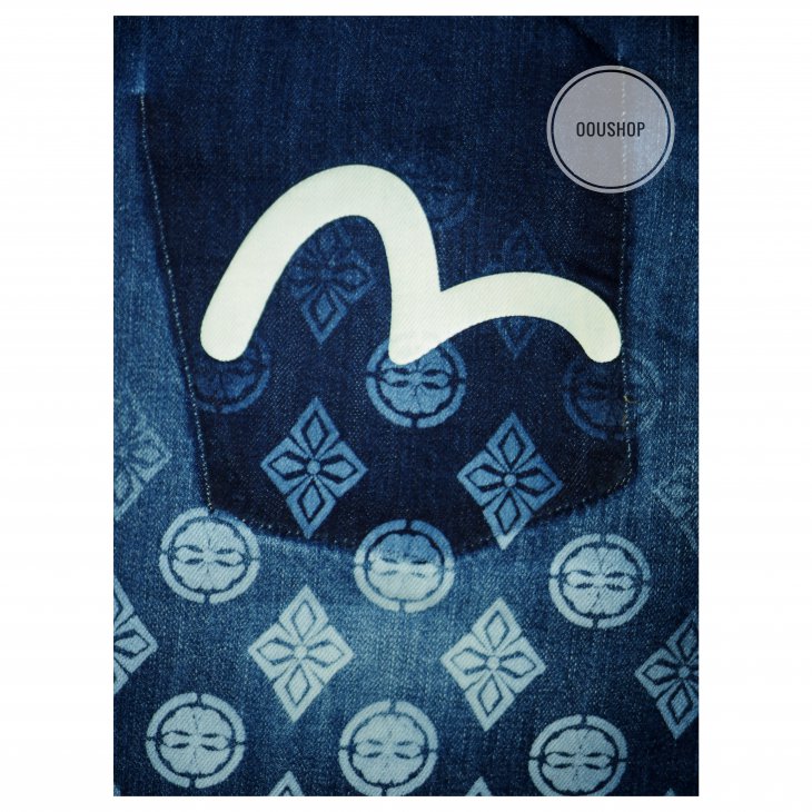 EVISU KAMON LASER-PRINTED DENIM SHORTS