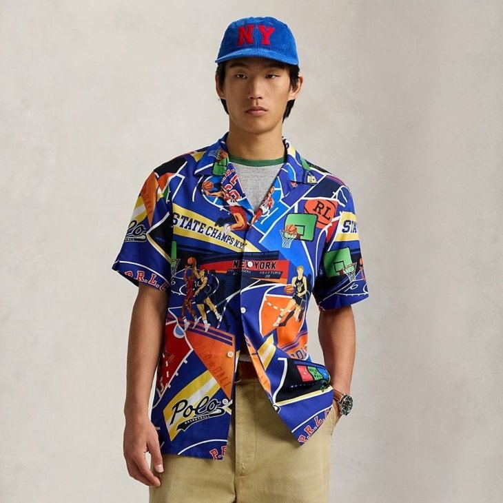POLO RALPH LAUREN CLASSIC FIT BASKETBALL PRINT CAMP SHIRT