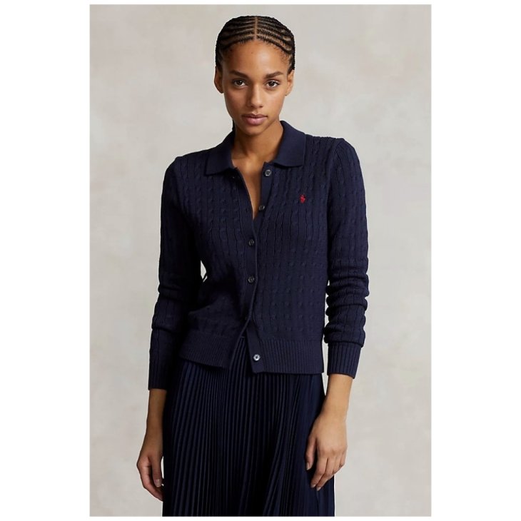POLO RALPH LAUREN CABLE KNIT COTTON POLO CARDIGAN
