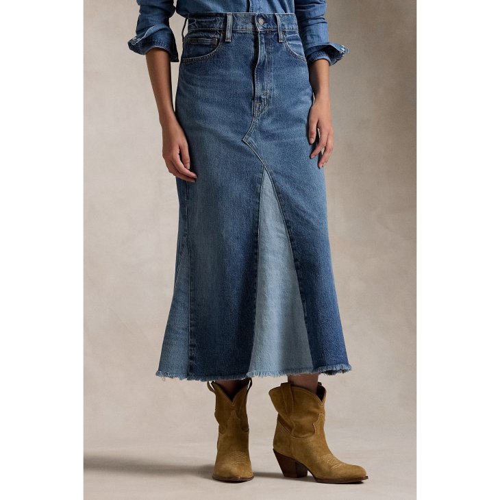 POLO RALPH LAUREN DECONSTRUCTED PATCHWORK DENIM SKIRT