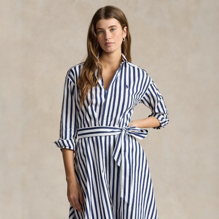 POLO RALPH LAUREN WOMEN BELTED WIDE-STRIPE COTTON SHIRTDRESS
