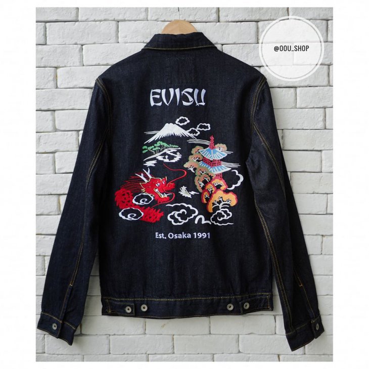 EVISU DRAGON EMBROIDERED TWO TONE DENIM JACKET
