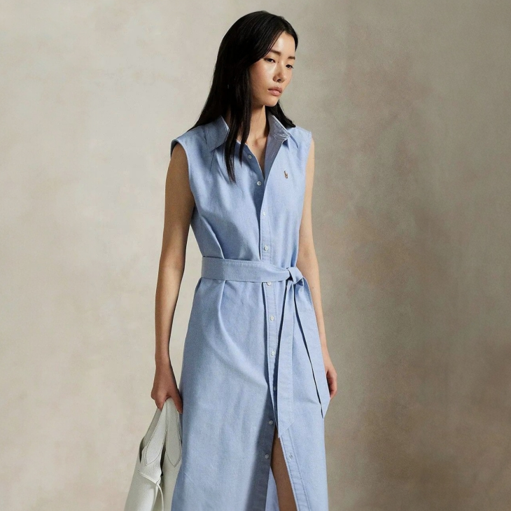 POLO RALPH LAUREN BELTED OXFORD SLEEVELESS SHIRTDRESS
