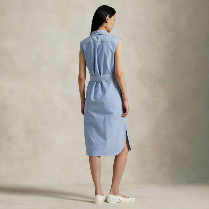 POLO RALPH LAUREN BELTED OXFORD SLEEVELESS SHIRTDRESS