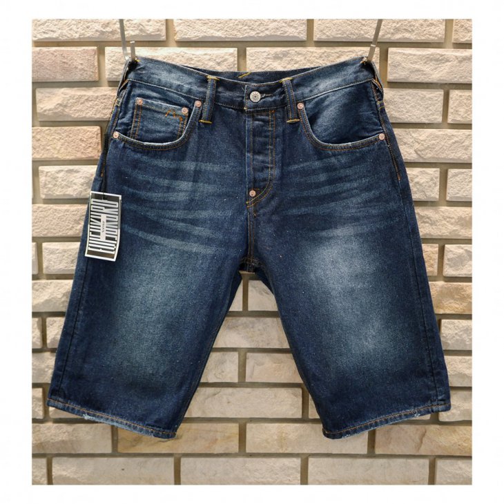 EVISU DENIM SHORTS WITH ALLOVER DARUMA-PRINTED SEAGULL