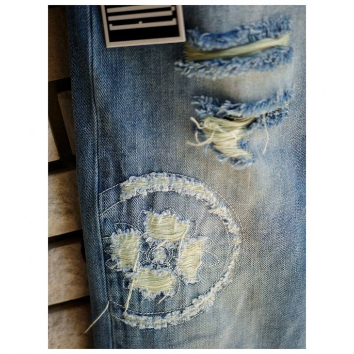 EVISU KURO SLIM-FIT PATCH MENDED DENIM JEANS