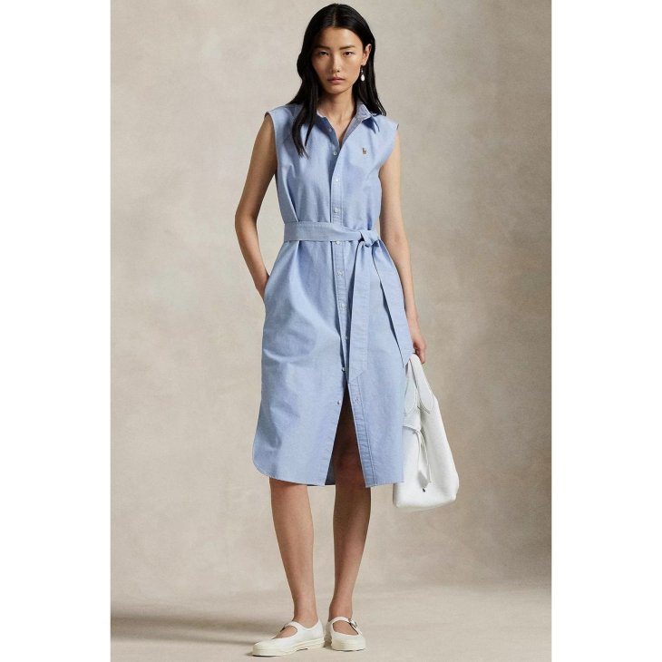 POLO RALPH LAUREN BELTED OXFORD SLEEVELESS SHIRTDRESS