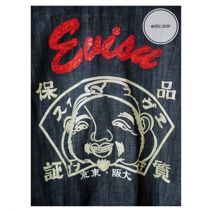 EVISU DENIM JACKET WITH HANDPAINTED SEAGULL AND SEQUIN GODHEAD
