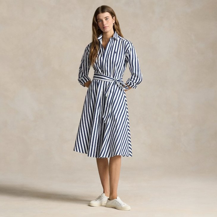 POLO RALPH LAUREN WOMEN BELTED WIDE-STRIPE COTTON SHIRTDRESS
