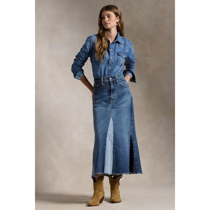 POLO RALPH LAUREN DECONSTRUCTED PATCHWORK DENIM SKIRT