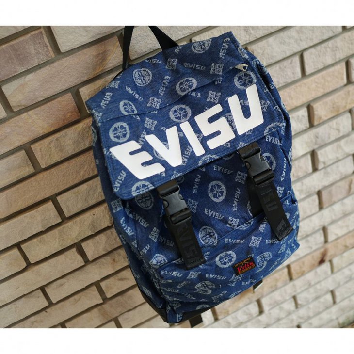 EVISU Kamon and Logo Jacquard Denim Backpack