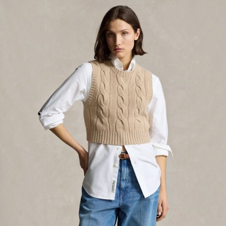 POLO RALPH LAUREN WOMEN CROPPED CABLE WOOL-CASHMERE SWEATER