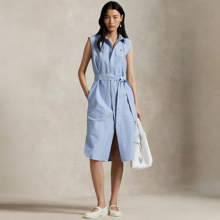 POLO RALPH LAUREN BELTED OXFORD SLEEVELESS SHIRTDRESS