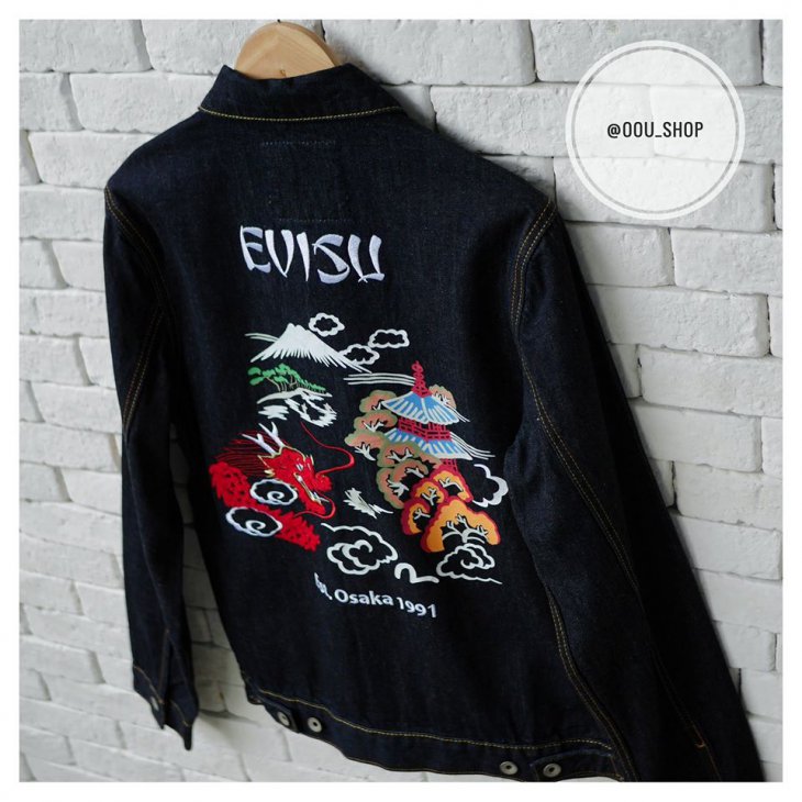 EVISU DRAGON EMBROIDERED TWO TONE DENIM JACKET