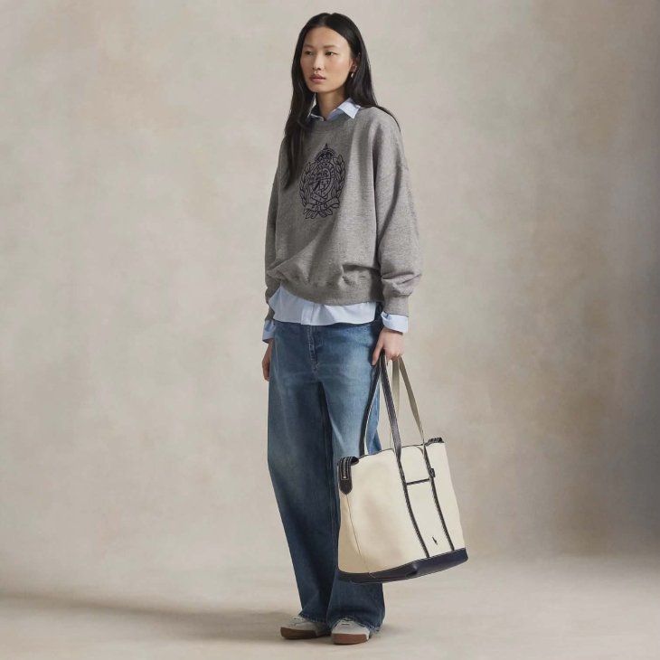 POLO RALPH LAUREN LEATHER-TRIM CANVAS LARGE SHOPPER TOTE