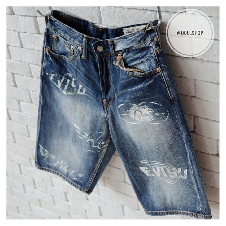 EVISU DENIM SHORTS WITH SEAGULL AND LOGO PRINT