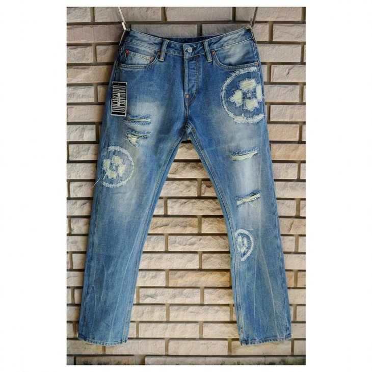 EVISU KURO SLIM-FIT PATCH MENDED DENIM JEANS