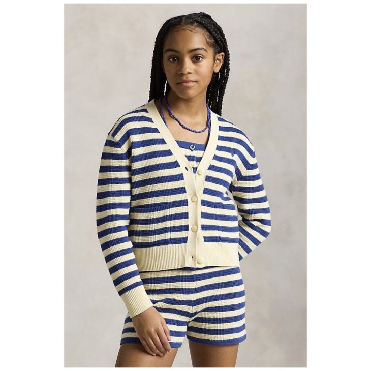 POLO RALPH LAUREN GIRLS STRIPED COTTON V-NECK CARDIGAN