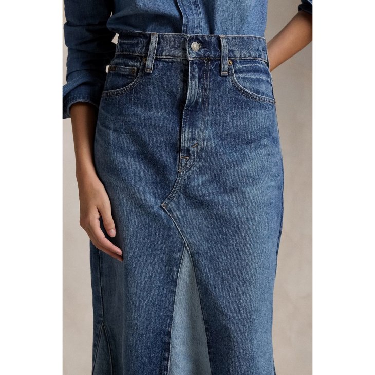 POLO RALPH LAUREN DECONSTRUCTED PATCHWORK DENIM SKIRT