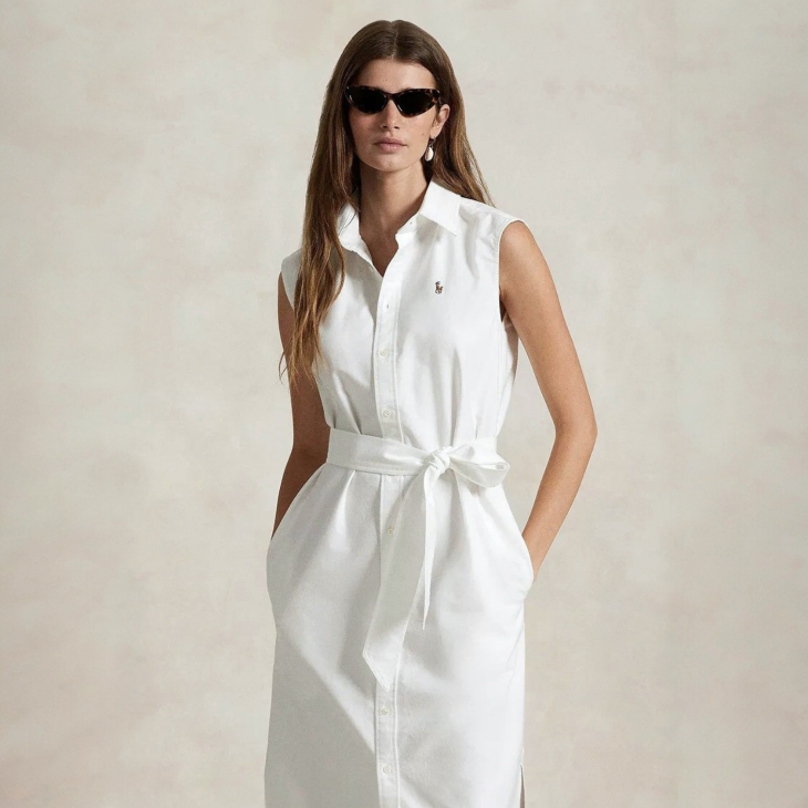 POLO RALPH LAUREN BELTED OXFORD SLEEVELESS SHIRTDRESS