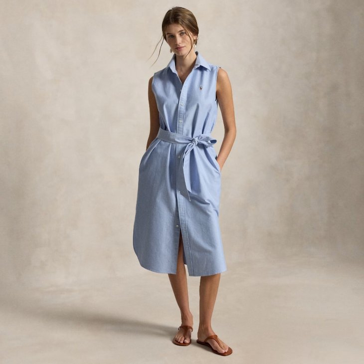 POLO RALPH LAUREN BELTED OXFORD SLEEVELESS SHIRTDRESS